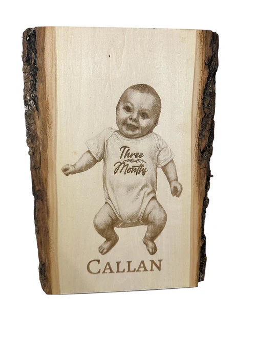 Baby milestone laser engraving on live edge wood — photo to vector file conversion