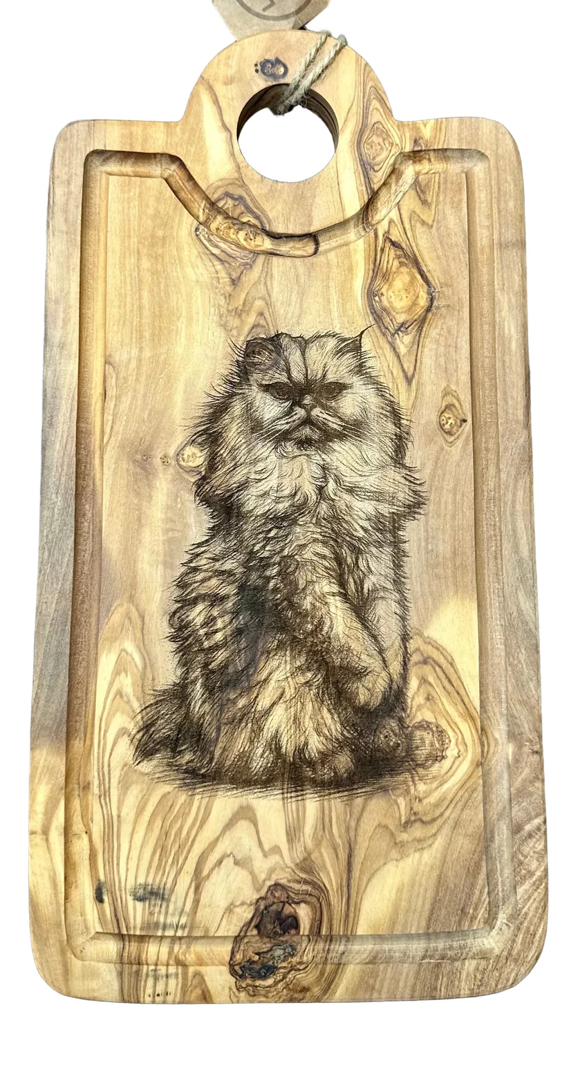 Persian cat portrait laser engraved on olive wood — detailed pet photo to vector conversion
