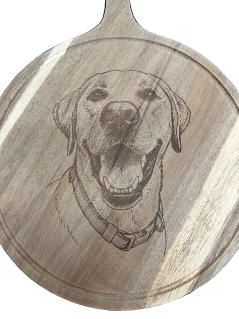 Dog portrait laser engraved on round acacia cutting board — custom pet portrait engraving file