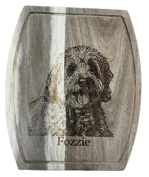 Goldendoodle portrait laser engraved on wood cutting board — personalized pet engraving vector file