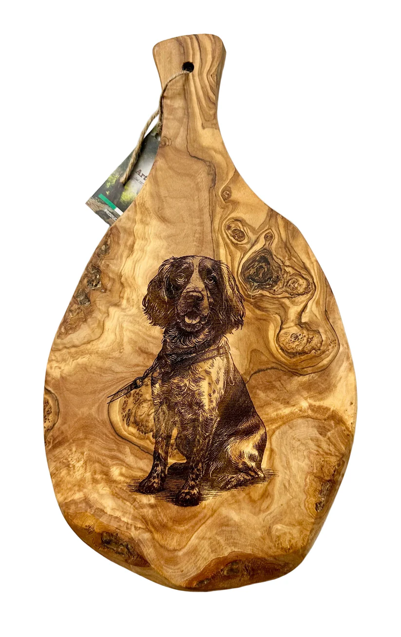 Spaniel dog portrait laser engraved on olive wood paddle — custom pet portrait laser file