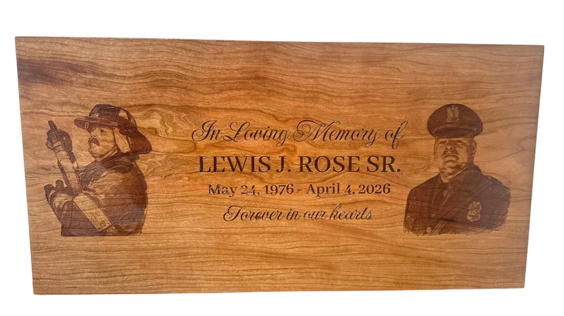 Firefighter and police officer memorial engraving on walnut wood — custom first responder tribute