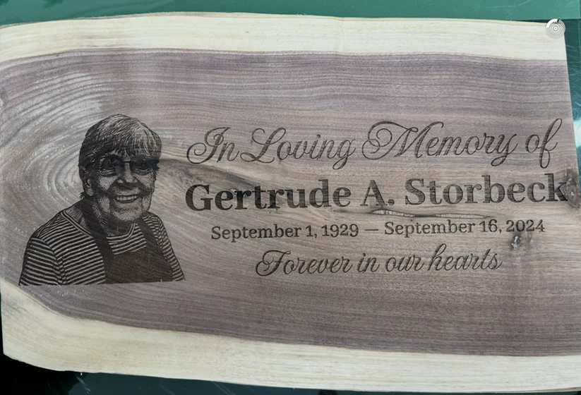 Dual portrait memorial laser engraving on live edge wood — In Loving Memory custom engraving